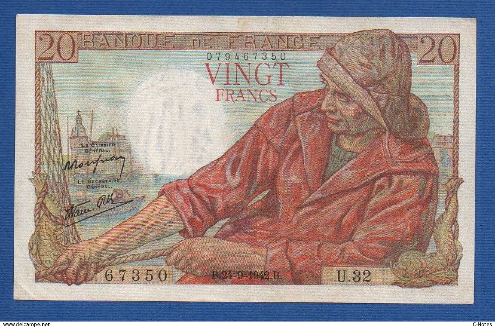 FRANCE - P.100a – 20 Francs ''Pêcheur'' 24.09.1942, VF/XF, S/n U.32 67350 - 20 F 1942-1950 ''Pêcheur''