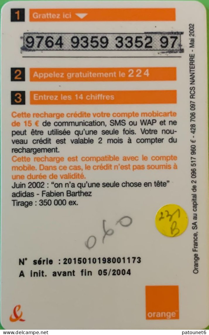 MBC B 231  -  ADIDAS/BARTHEZ  -  15 E. - Cellphone Cards (refills)