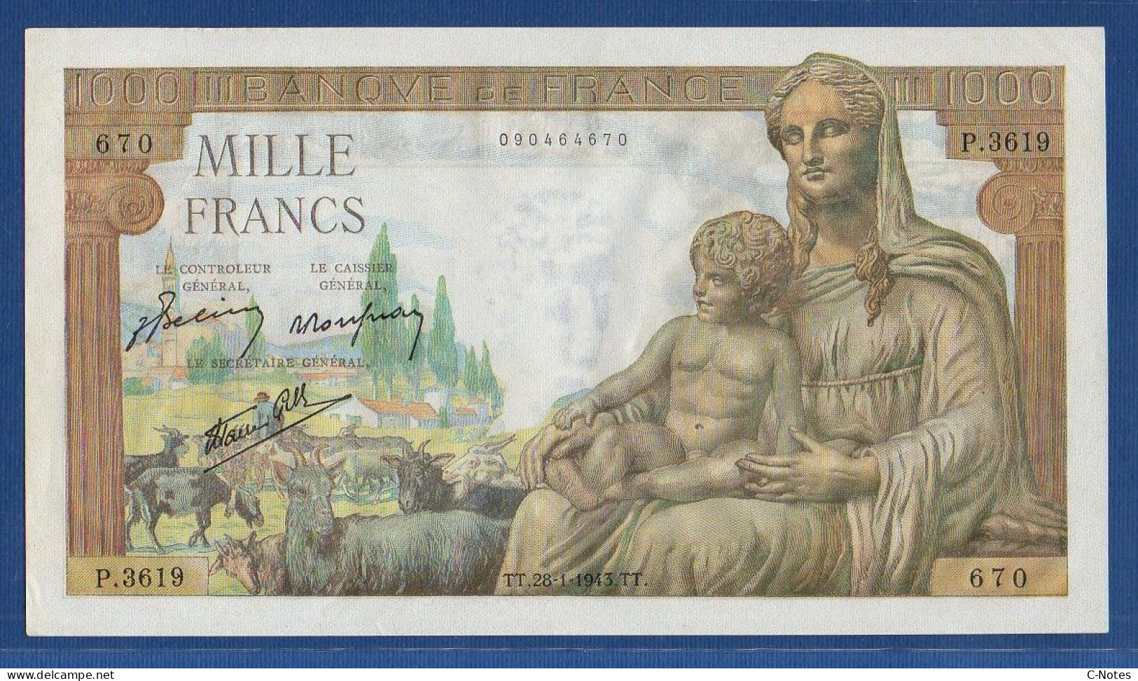 FRANCE - P.102 – 1000 Francs ''Déesse Déméter'' 28.01.1943, AUNC-, S/n P.3619 670 - 1 000 F 1942-1943 ''Déesse Déméter''