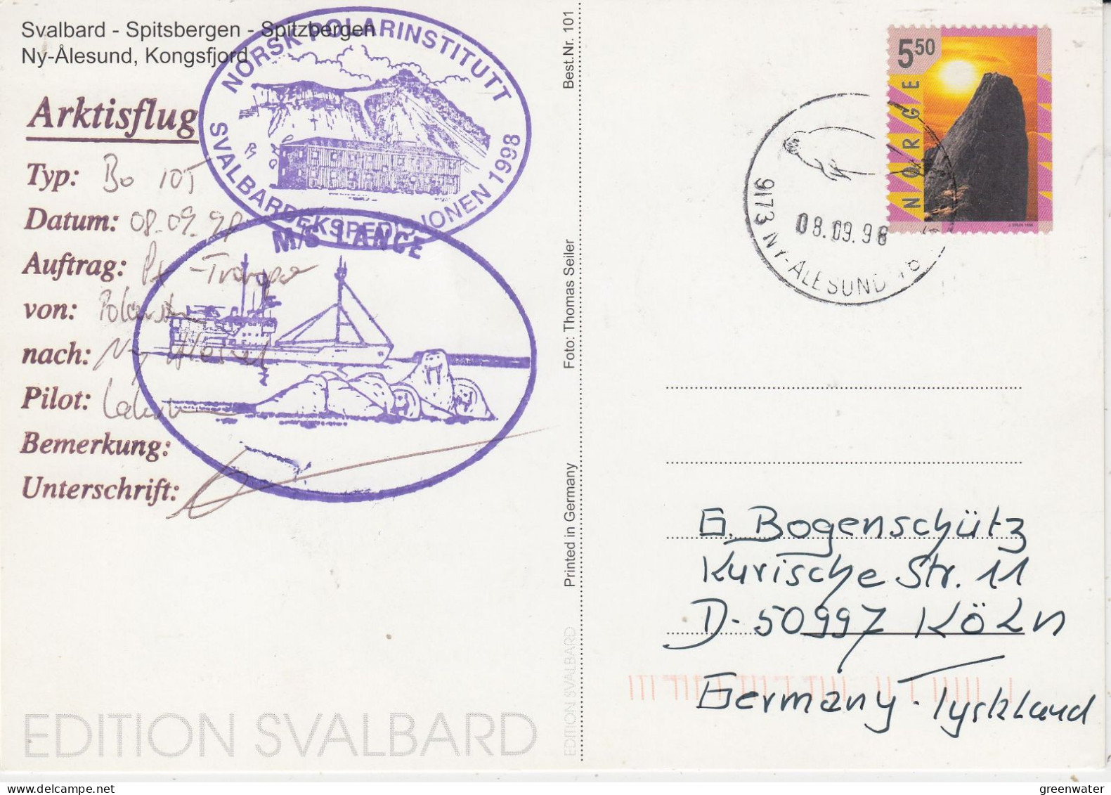 Norway Arctic Heli Flight From Polarstern To NY-Alesund 8.09.1998 Postcard (JS163B) - Poolvluchten