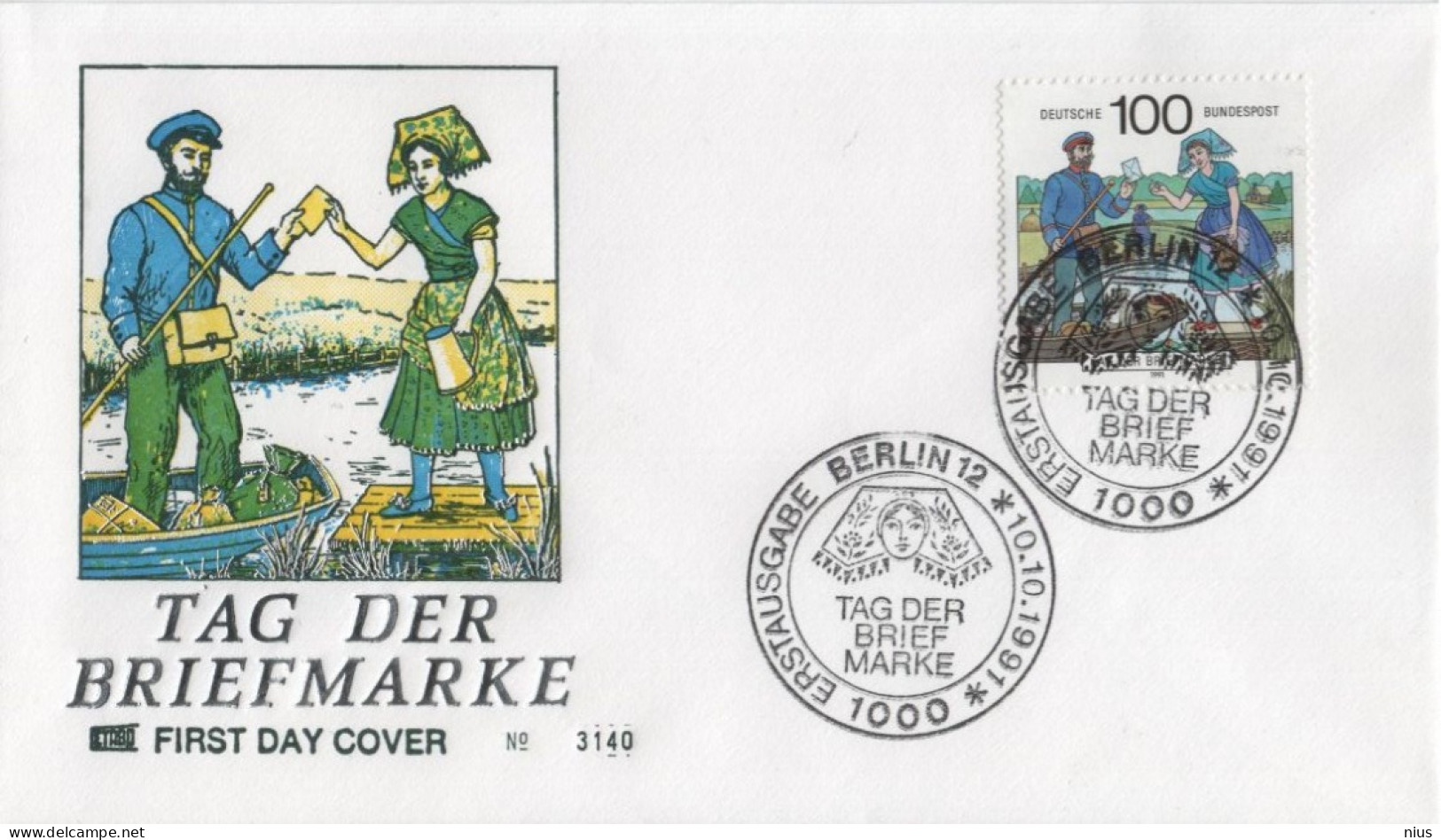 Germany Deutschland 1991 FDC Stamp Day, Tag Der Briefmarke Mailman Postman On Boat, Canceled In Berlin - 1991-2000