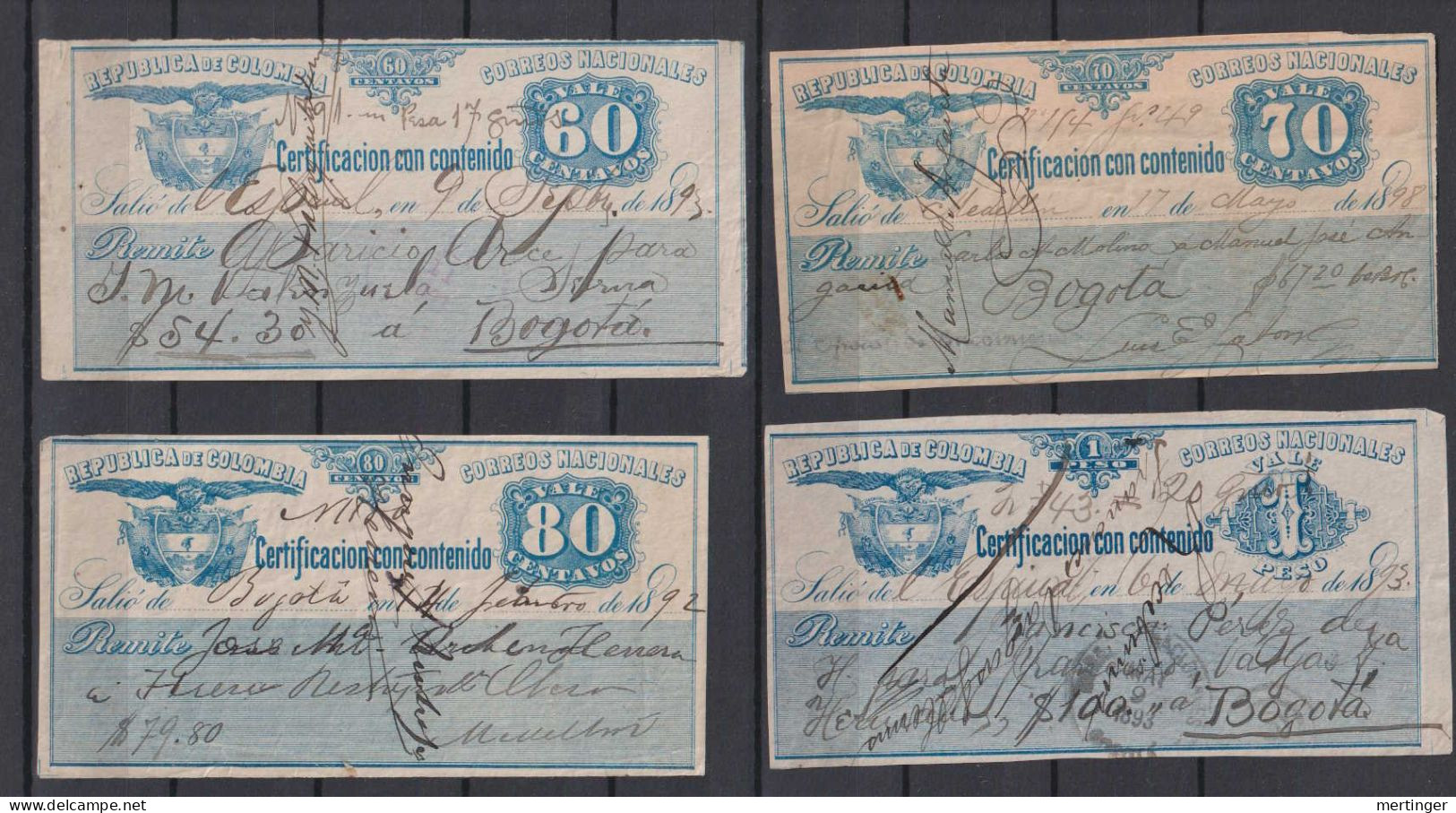 Colombia 1890 Cubiertas Label 60c + 70c + 80c + 1 Peso Used - Colombia