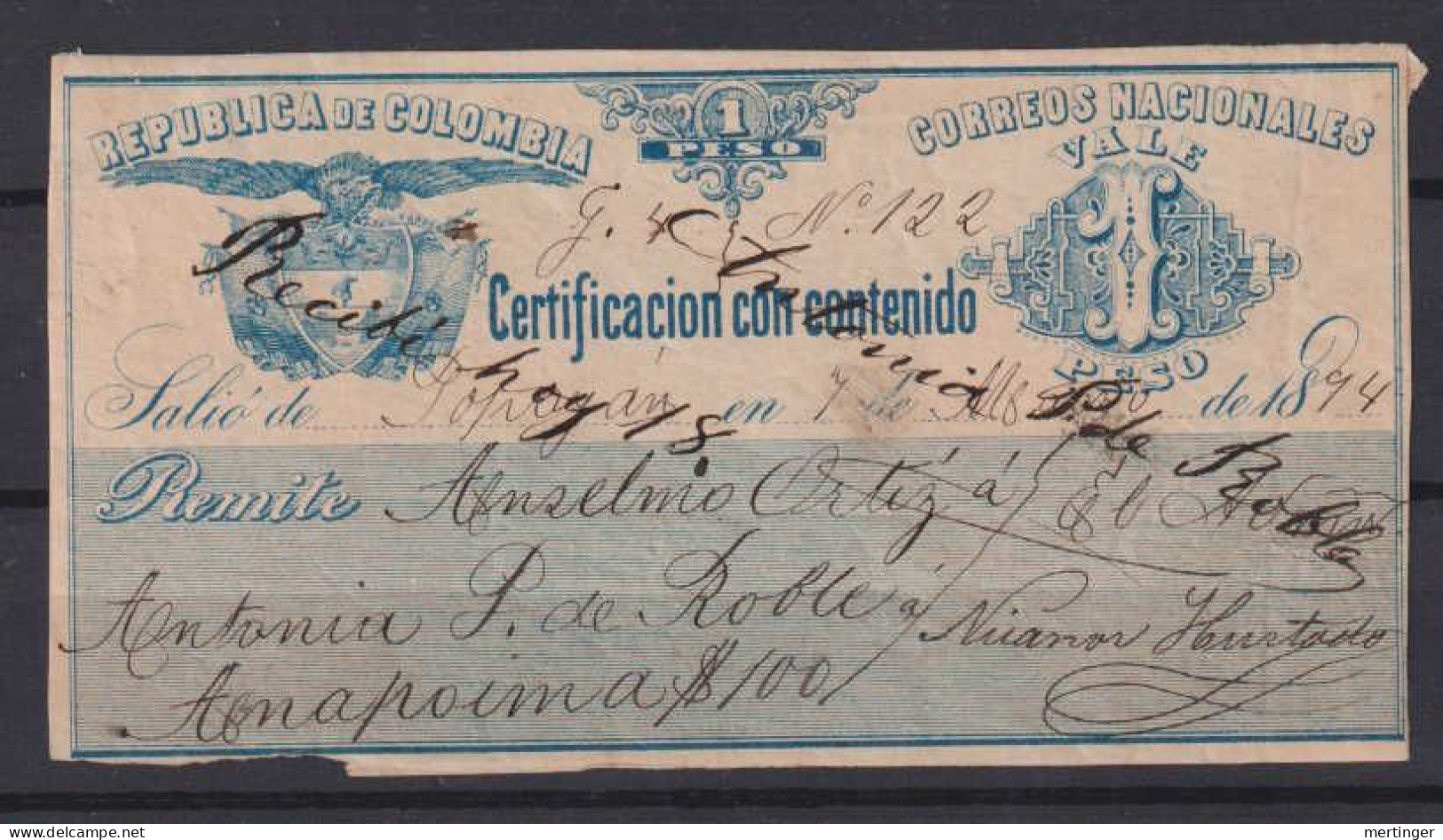 Colombia 1894 Cubiertas Label 1 Peso Used POPAYAN - Colombia