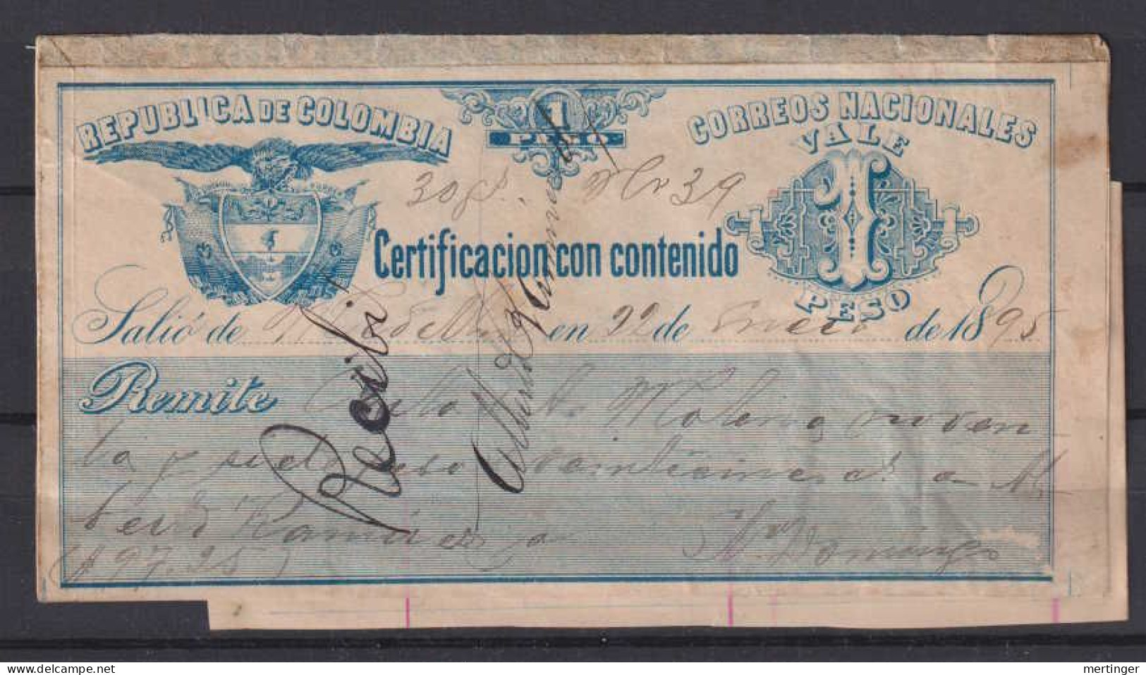 Colombia 1895 Cubiertas Label 1 Peso Used MEDELLIN On Fragment - Colombia