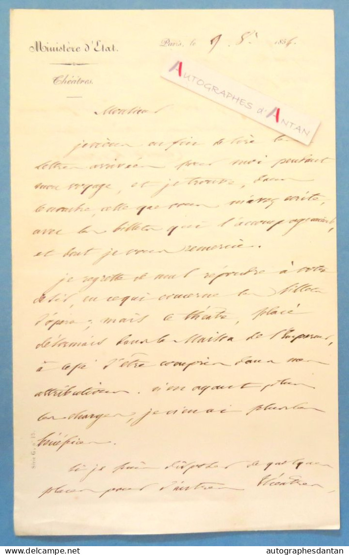 ● L.A.S 1854 Camille DOUCET - Poète Académicien - Ministère D'Etat - Théâtres - Maison De L'Empereur - Opéra - Lettre - Escritores