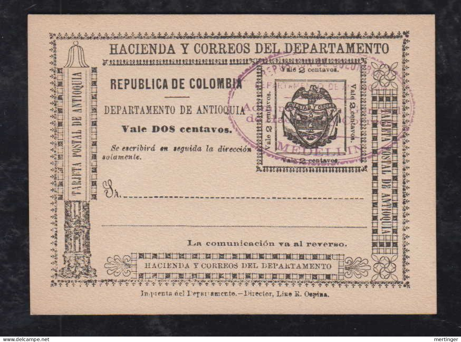 Colombia ANTIOQUIA 1902 Stationery Postcard MEDELLIN Postmark - Colombia