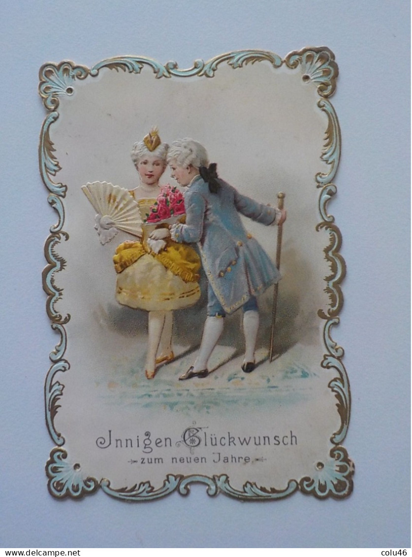 1900 Image Carte Chromo En Relief Découpée Couple Habits 18ème S  Innigen Glüwunsch Zum Neuen Jahre Voeux - Ragazzi
