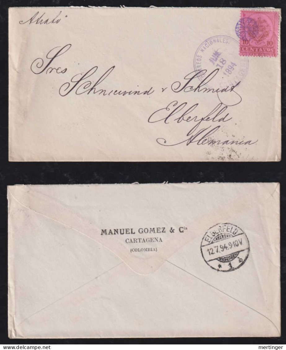 Colombia 1894 Cover CARTAGENA X ELBERFELD Germany - Colombia