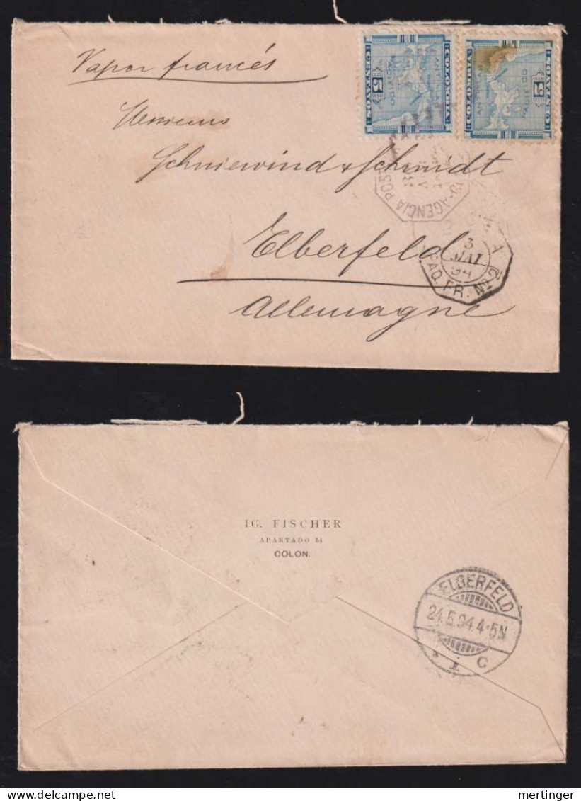 Colombia 1894 Cover COLON Panama X ELBERFELD Germany Via France Paquebot LIGNE A N° 2 - Colombia
