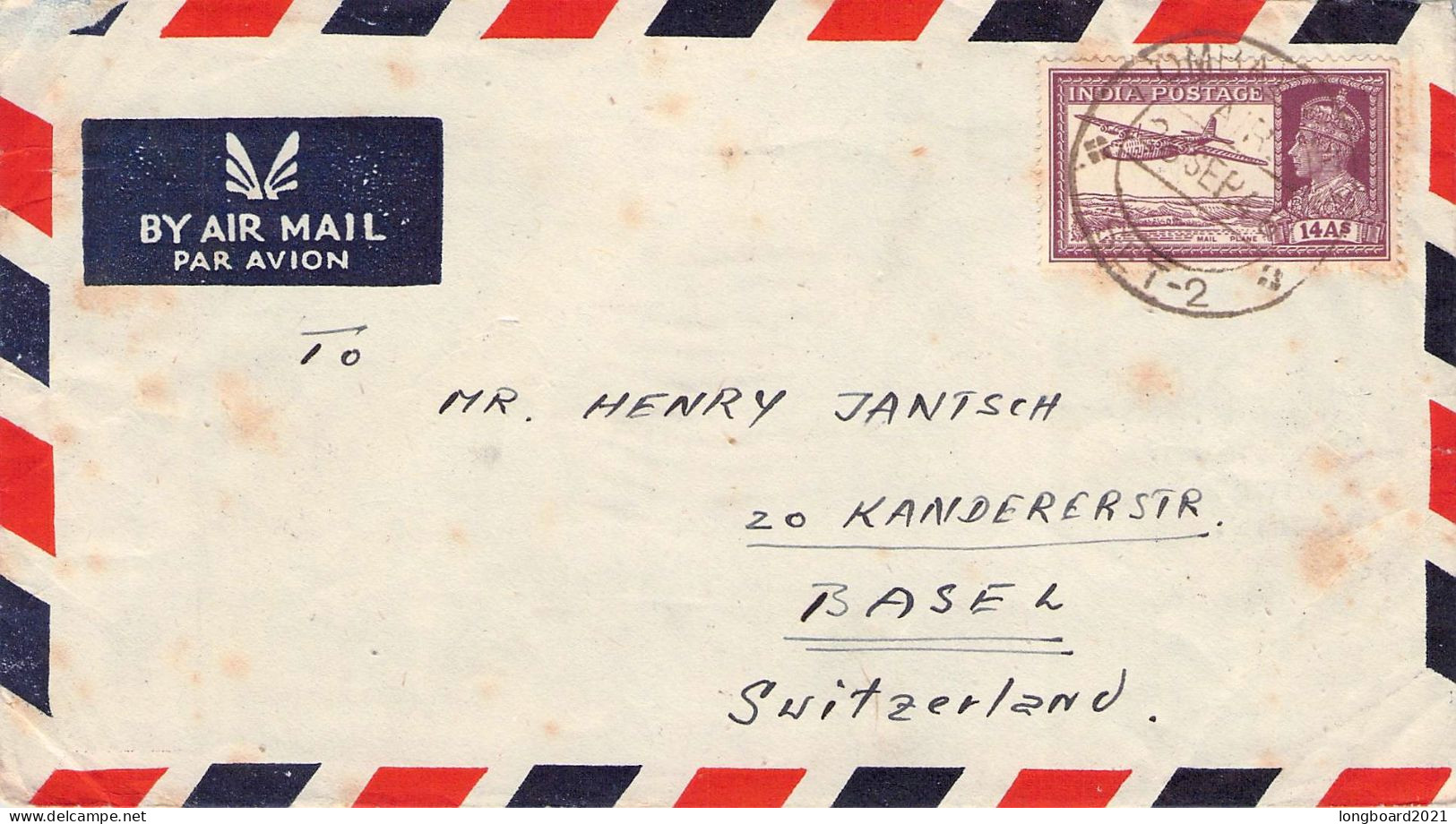 INDIA - AIRMAIL 1947 BOMBAY - SUISSE  / 5271 - 1936-47 King George VI