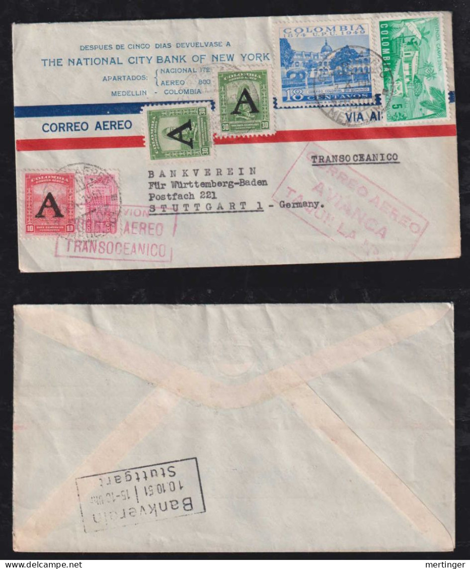 Colombia 1951 Airmail Cover AVIANCA Medellin X STUTTGART Germany Bankverein - Colombia