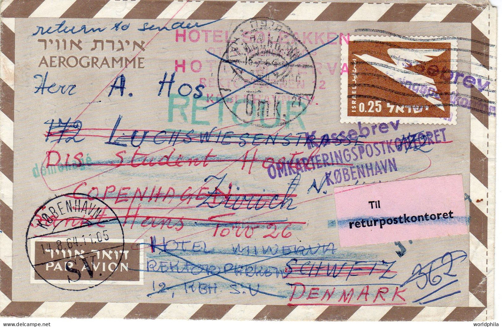 Israel To Denmark (and Schweiz) 1964 Returned Air Letter With Hotel Mark++ Bale AS.25 - Blocks & Sheetlets