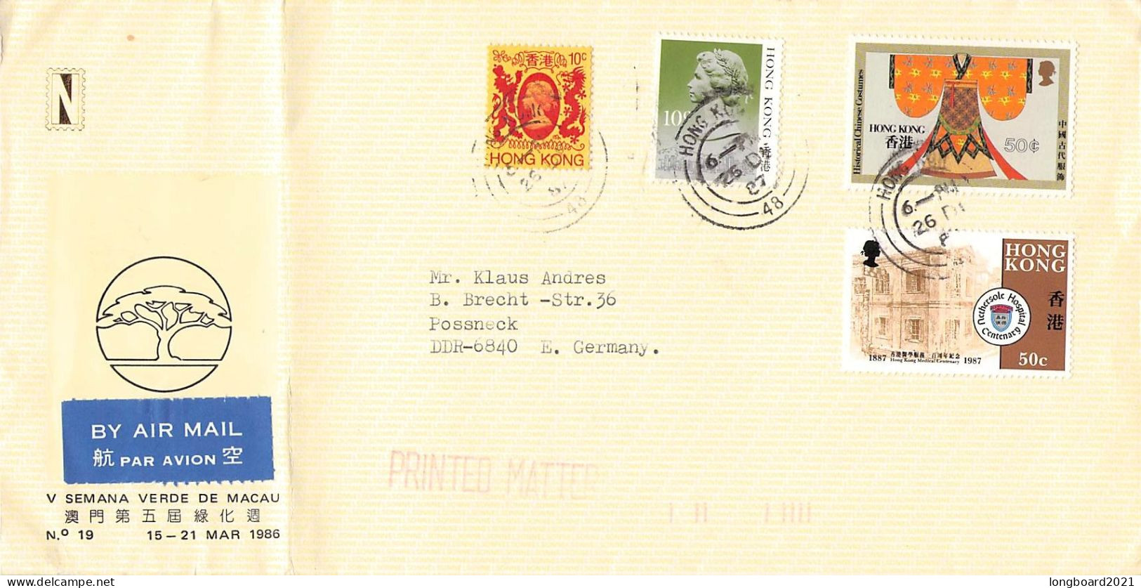 HONG KONG - AIRMAIL 1987 - PÖSSNECK/GDR  / 5272 - Covers & Documents