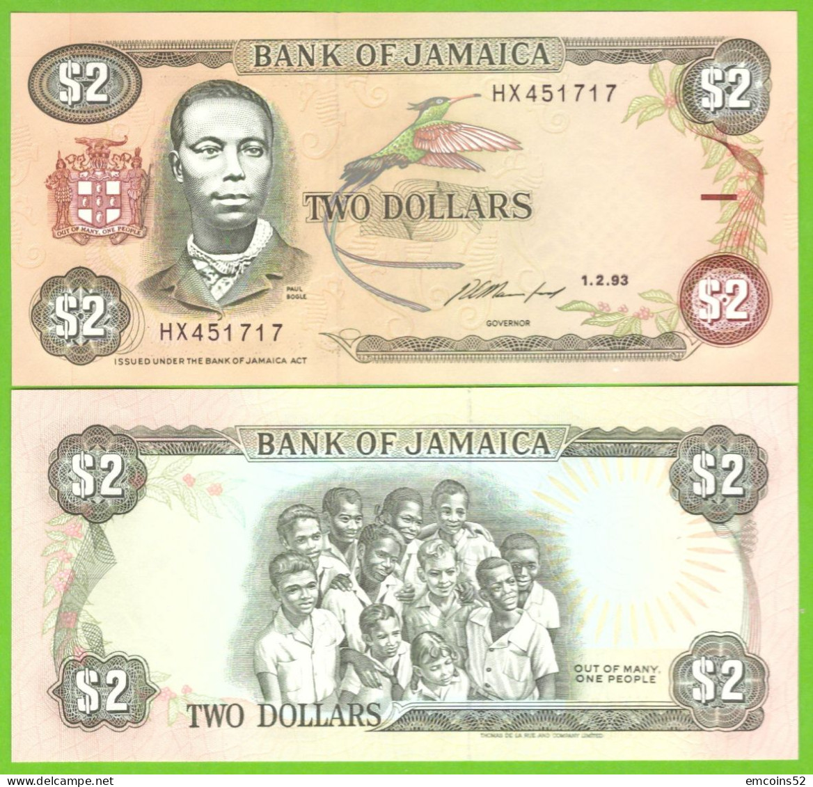 JAMAICA 2 DOLLARS 1993 P-69e  UNC - Jamaique