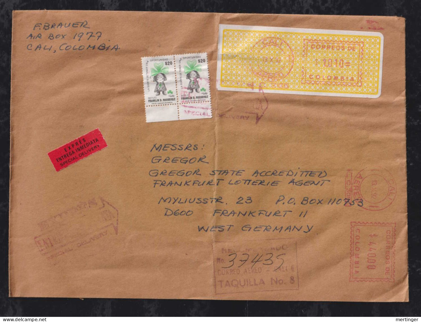 Colombia 1992 Meter Label Express Big Size Airmail Cover CALI X FRANKFURT Germany Cild Care Cinderella - Colombia