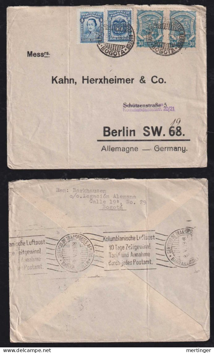 Colombia SCADTA 1928 Airmail Cover BOGOTA X BERLIN Germany Back Kolumbianische Luftpost 10 Tage Zeitgewinn Postmark - Colombia