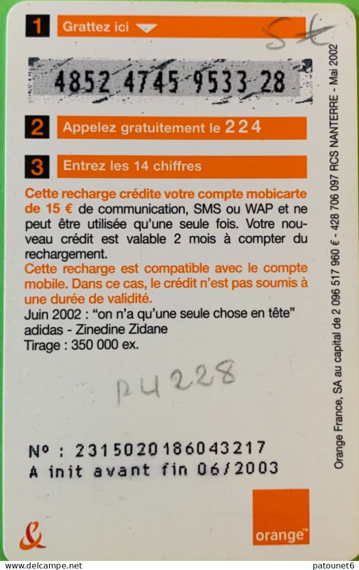 MBC 234   -  ADIDAS/ZIDANE -  15 E.  - - Cellphone Cards (refills)