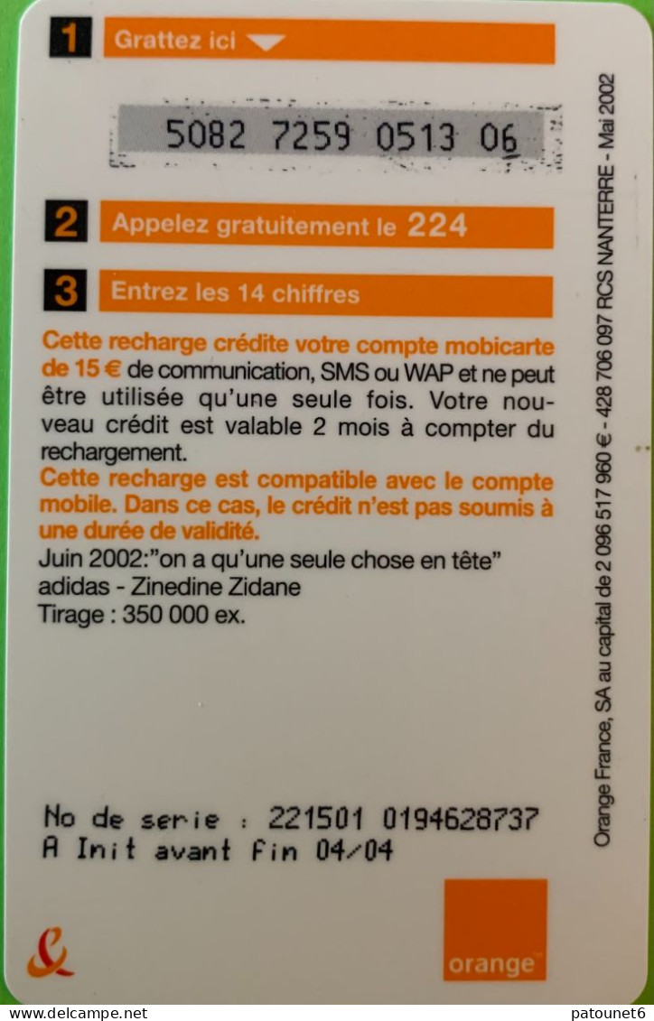 MBC 234 A   -  ADIDAS/ZIDANE -  15 E.  - - Cellphone Cards (refills)