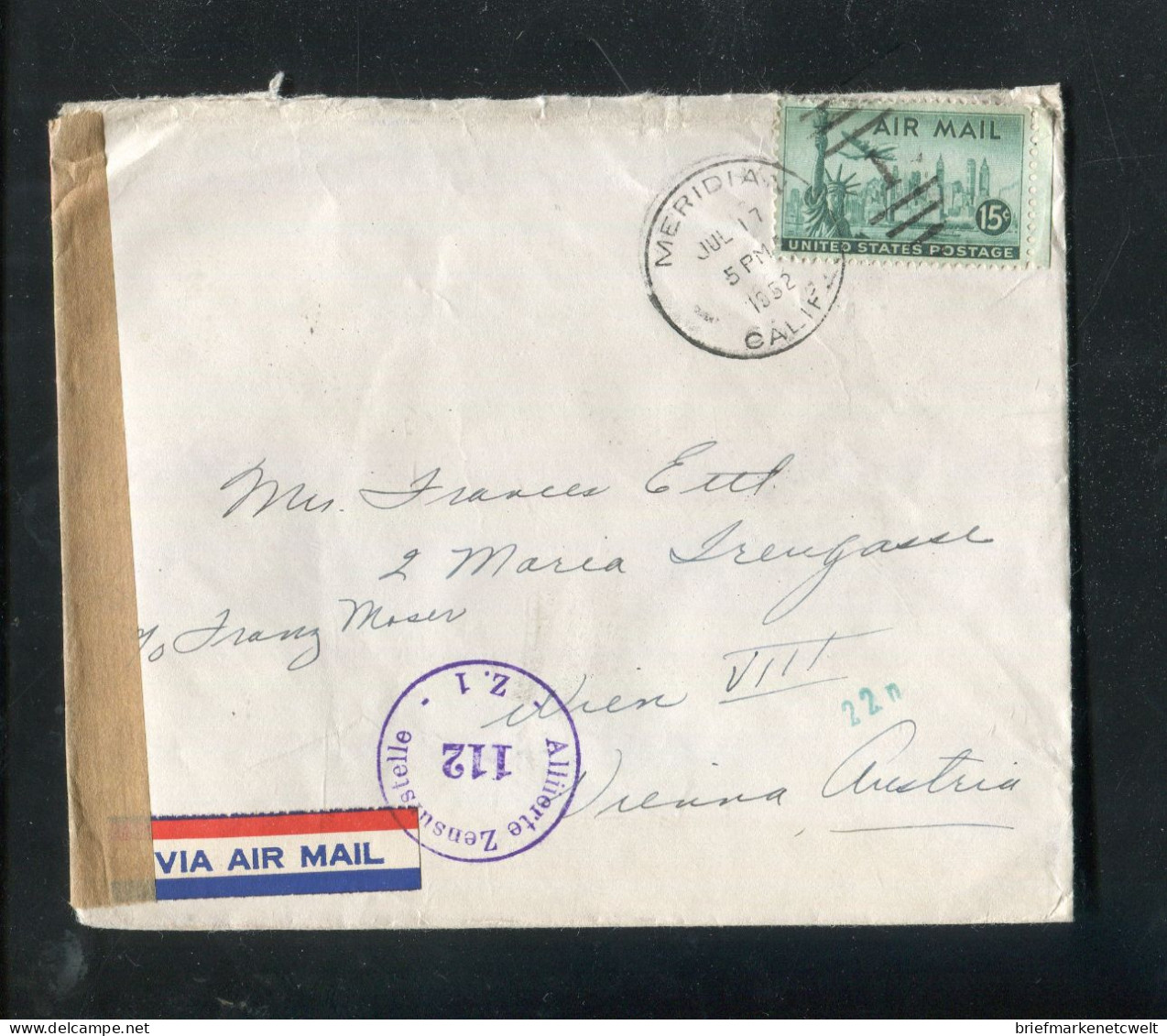 "USA" 1952, Brief Mit "ZENSUR" (Alliierte Zensurstelle) Ex Meridien Nach Wien (60085) - Storia Postale