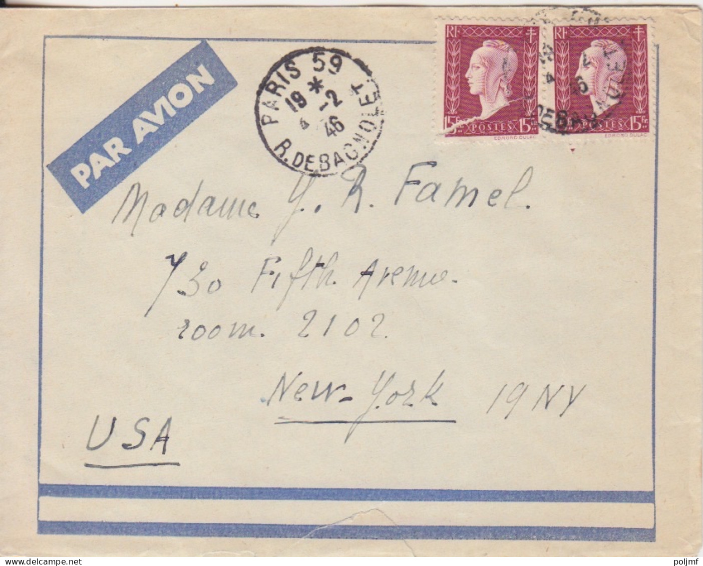 Lettre Par Avion Obl. Paris 59 Le 4/2/46 Sur 15f Dulac X 2 N° 699 Pour New York (tarif Du 1/2/46) - 1944-45 Maríanne De Dulac