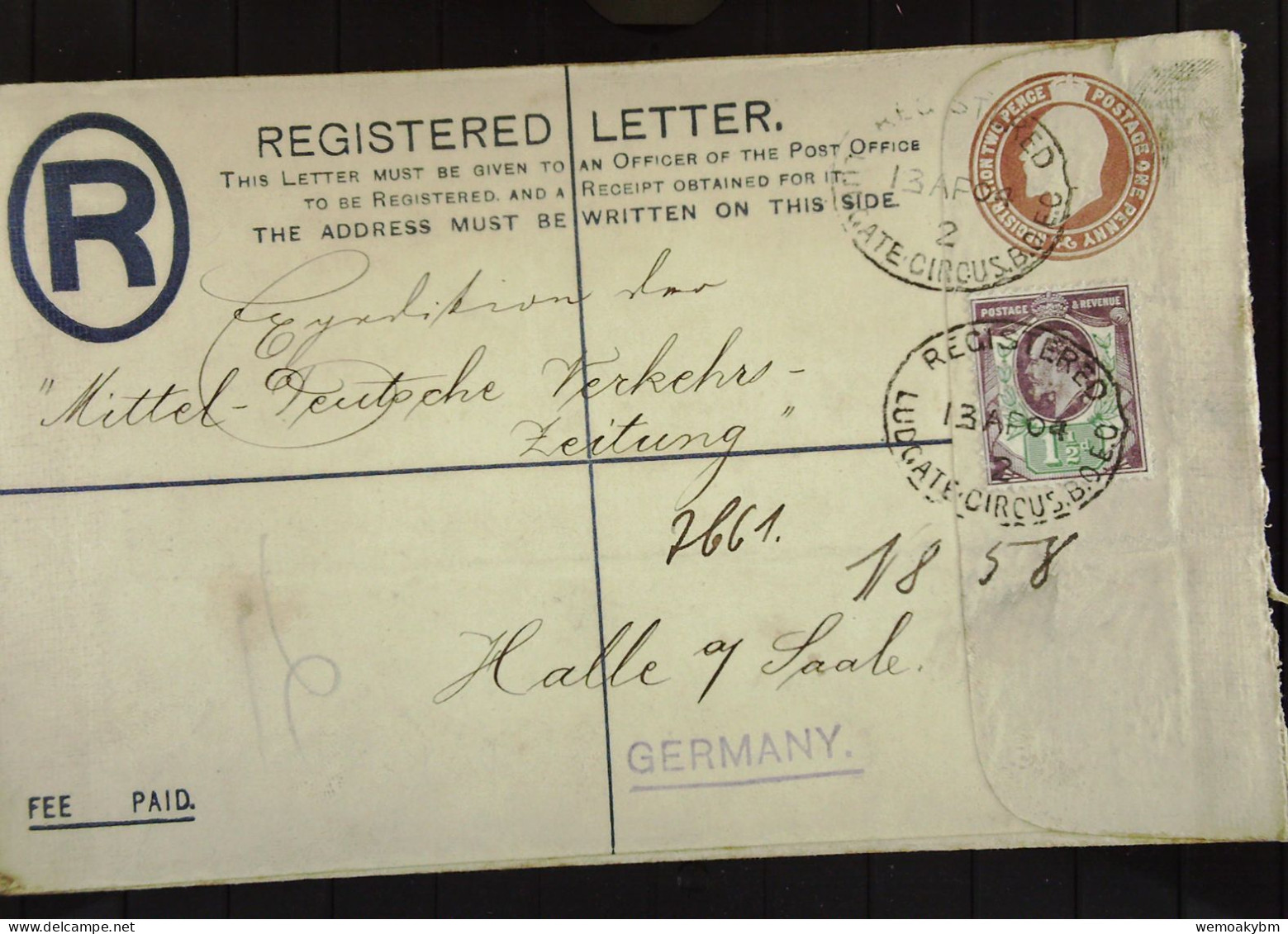 England: London Registered Letter Cover To Germany Vom 13.4.1904 Nach Halle (Saale) Mit 1 1/2 D K Nr: 105 A - Variedades, Errores & Curiosidades