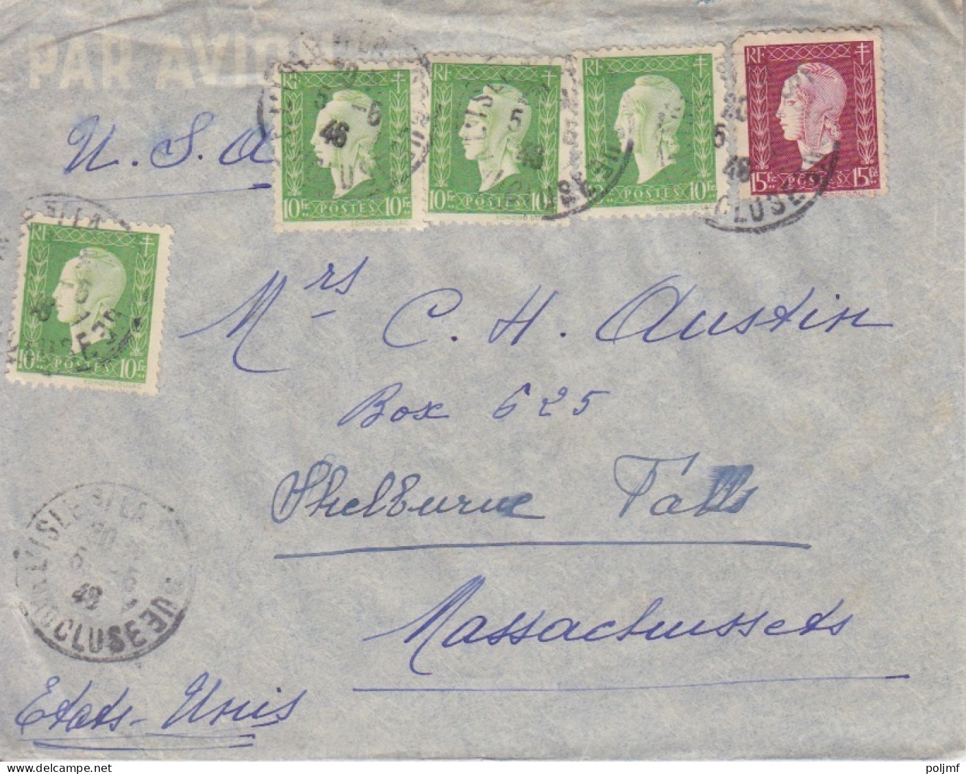 Lettre Par Avion Obl. L'Isle S/ La Sorgue Le 5/6/46 Sur 10f X 4, 15f N° 698, 699 Pour Shelburne Falls (tarif Du 18/3/46) - 1944-45 Marianne (Dulac)