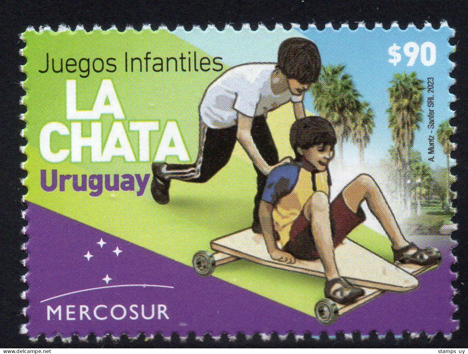 URUGUAY 2023 (Joint Issue, Mercosur, Games, Children, Toys, Wooden Cart, Ruleman, Palms, Trees, Crux, Stars) - 1 Stamp - Uruguay