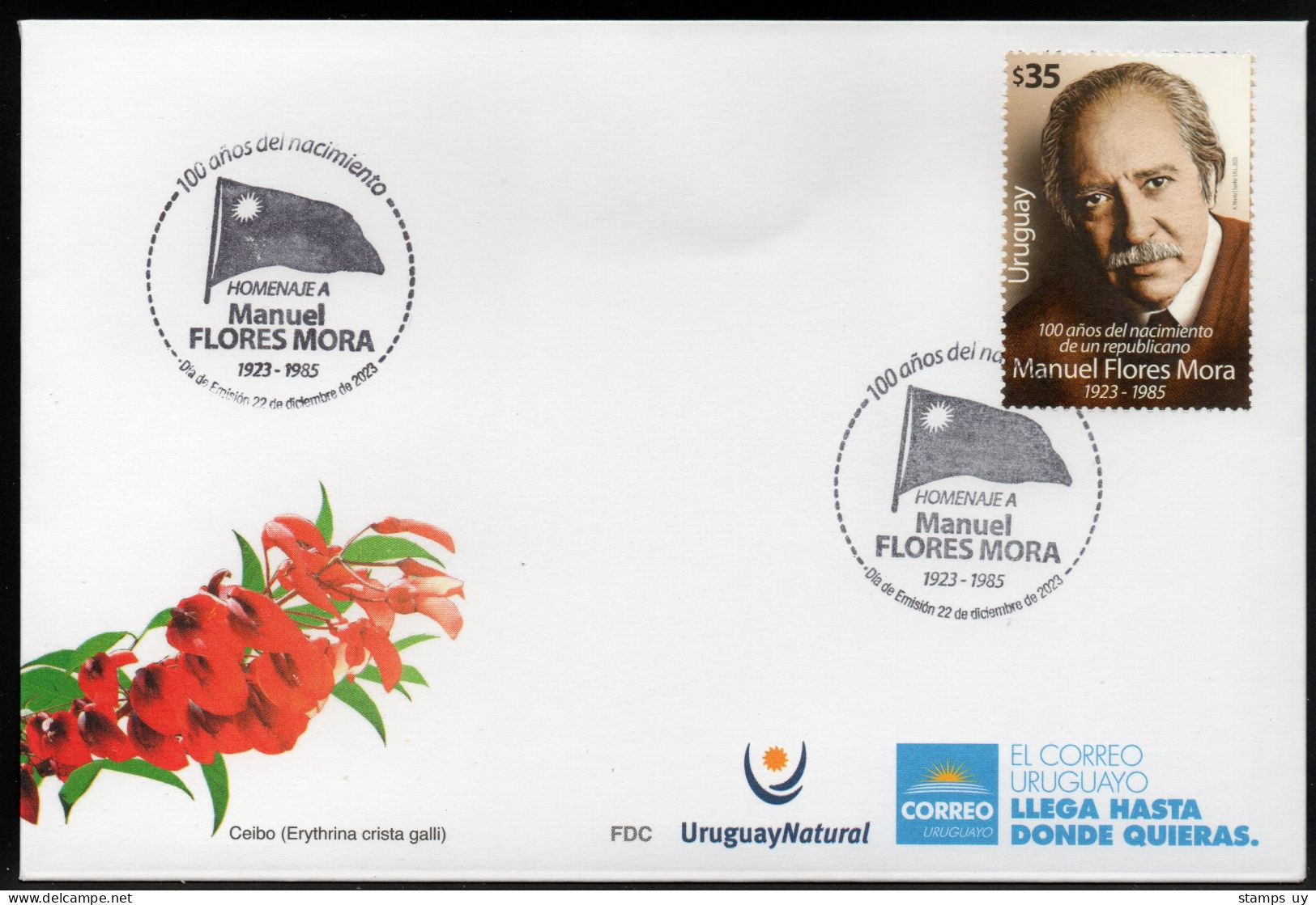URUGUAY 2023 (Politicians, Periodist, Manuel Flores Mora, Red Party, Right-wing, Flags, Star) - 1 FDC - Uruguay