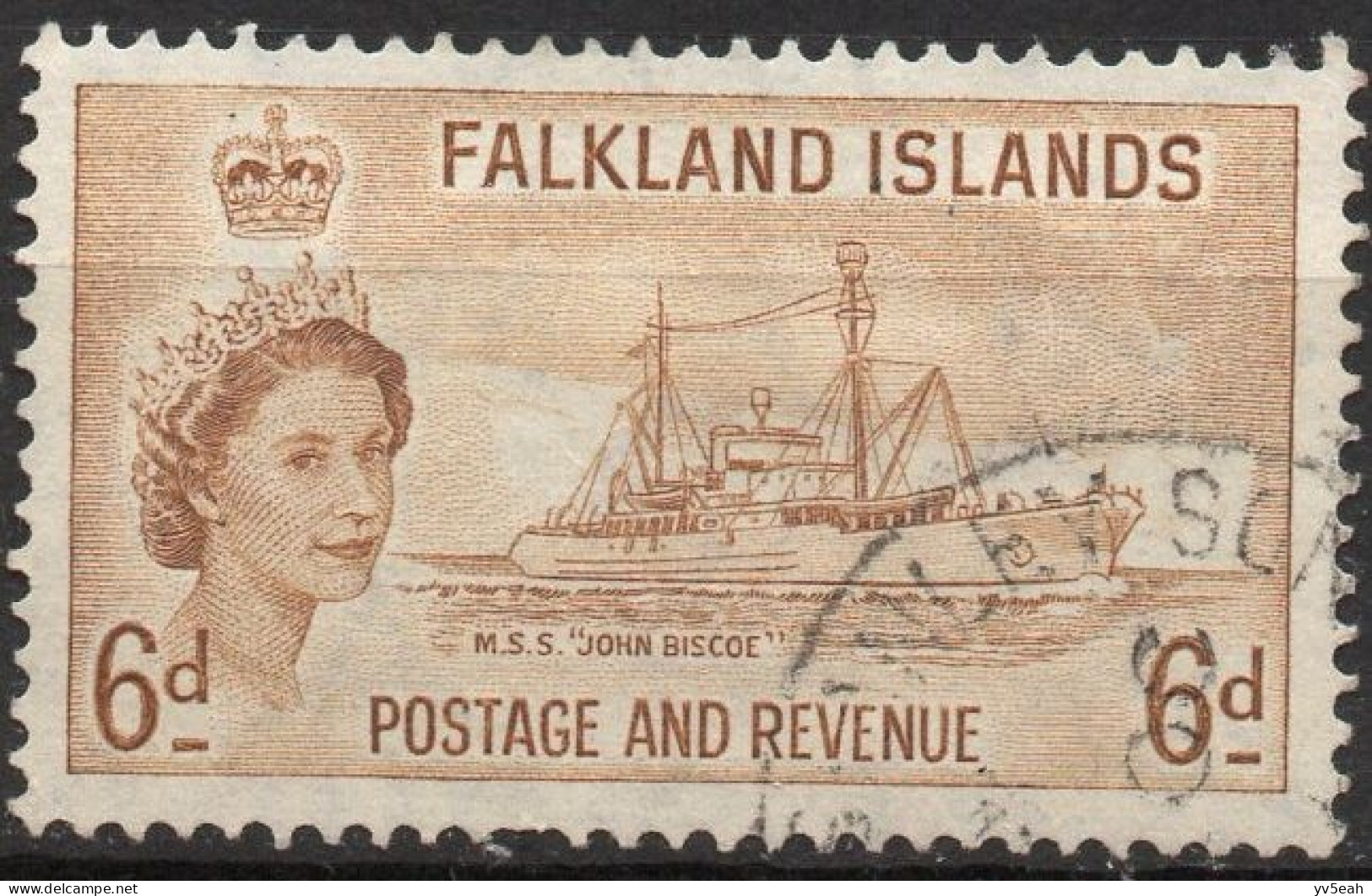 FALKLAND ISLANDS/1955-7/USED/SC#125/QUEEN ELIZABETH II  /QEII / BOAT/ SHIP MSS JOHN BISCOE / 6p - Maldiven (...-1965)