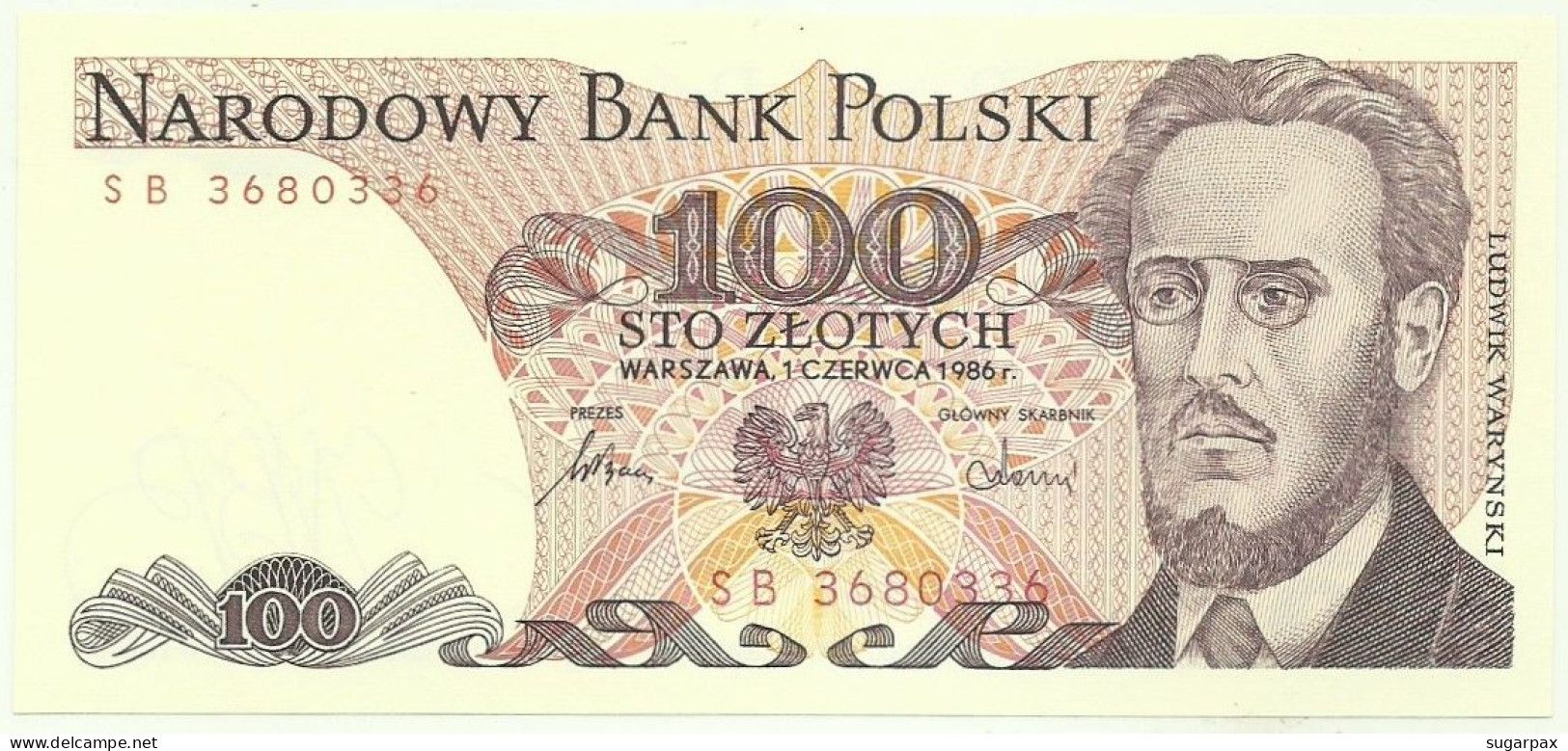 POLAND - 100 Zlotych - 1986 - Pick 143.e - Unc. - Série SB - Narodowy Bank Polski - Pologne