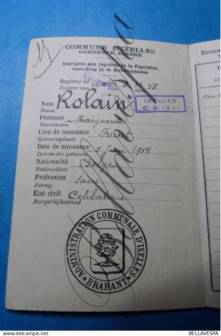 Ixelles   Elsene  Registres De Population De 1910 ROLAIN Marguertite Forest 1914- Rue Alphonse Renard ,1917 - Documents Historiques