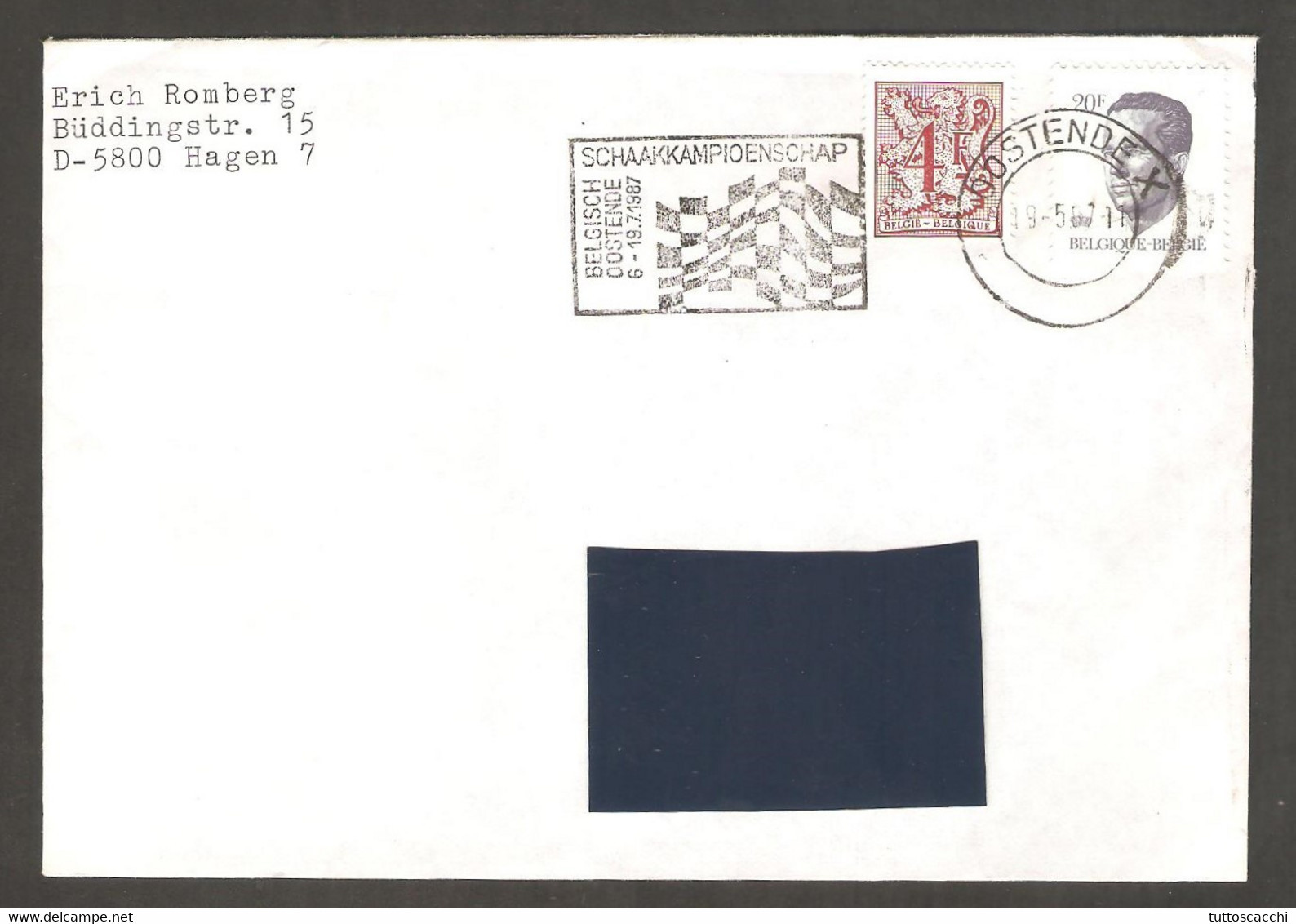 Belgium 1987 Oostende - Chess HAND Cancel On Envelope, Traveled - Schaken