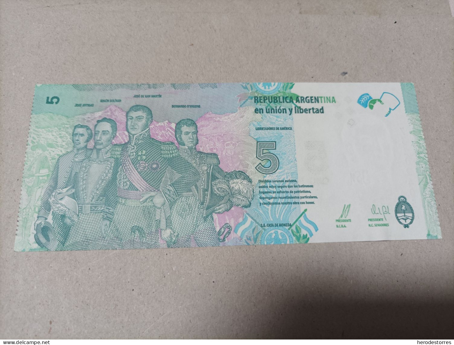 Billete Argentina, 5 Pesos, Serie A, Año 2015, UNC - Argentine