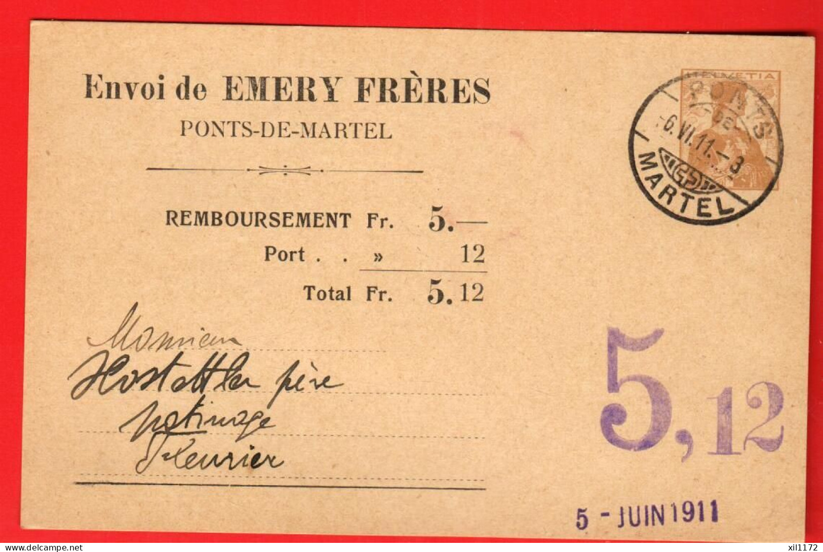 ZXP-10  Ganzsache Entier Postal Remboursement Nachnahme Emery Frères. Cachet Mars 1911 Pour Fleurier - Ponts-de-Martel