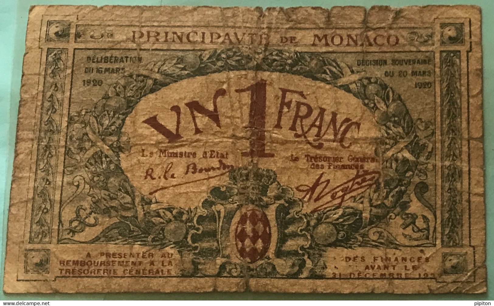 Billet Très Rare 1 F Monaco 1920 - Monaco