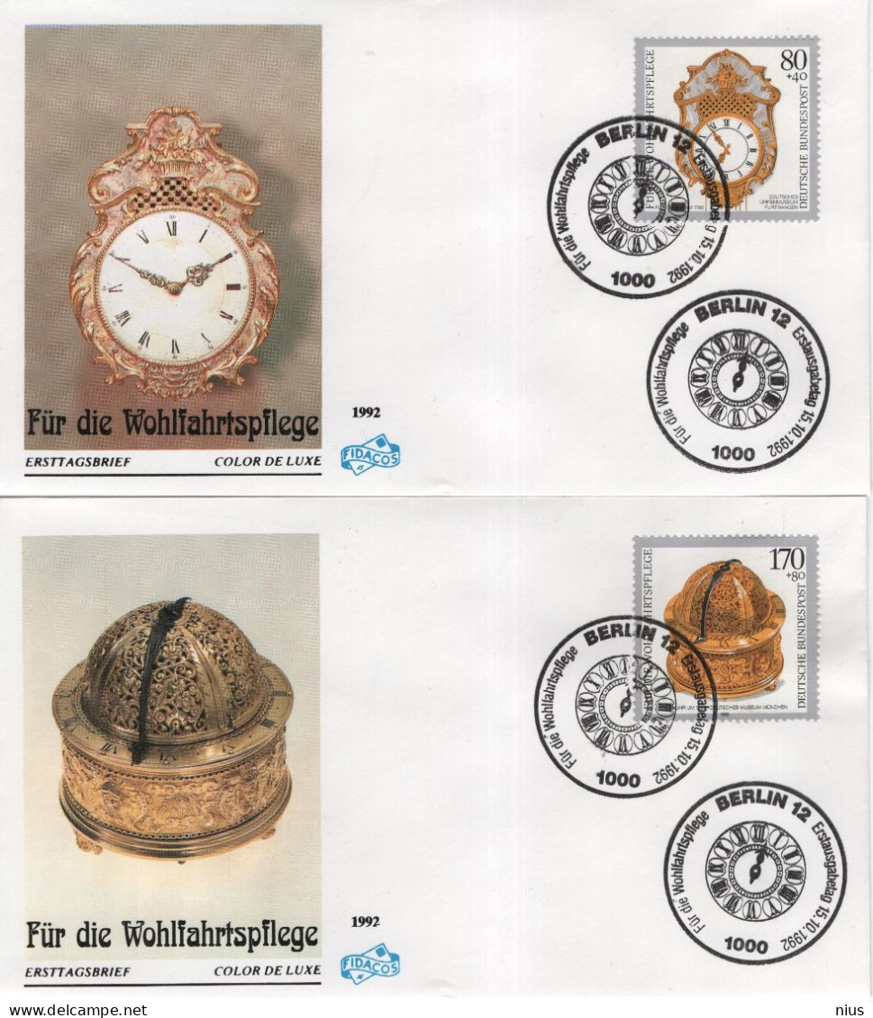 Germany Deutschland 1992 FDC Wohlfahrtsmarken, Fur Die Wohlfahrtspflege, Clock Antique Clocks Antike Uhren Uhr, Berlin - 1991-2000