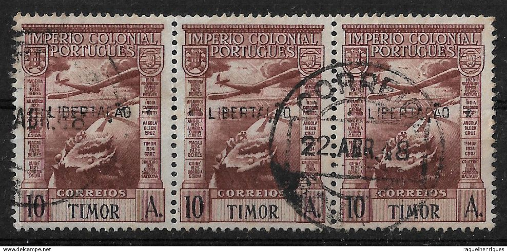 TIMOR 1947 EMPIRE STAMP SURC. "LIBERTAÇÃO" - AIRMAIL STRIP OF 3 (NP#71-P32-L2) - Timor