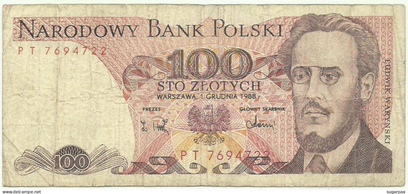 POLAND - 100 Zlotych - 1988 - Pick 143.e - Série PT - Narodowy Bank Polski - Pologne