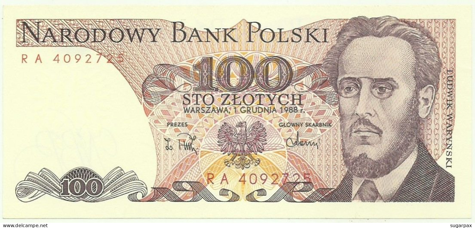 POLAND - 100 Zlotych - 1988 - Pick 143.e - Unc. - Série RA - Narodowy Bank Polski - Pologne