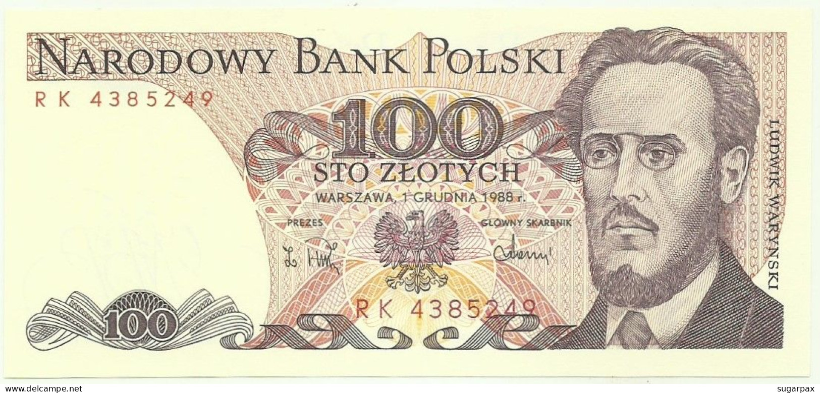 POLAND - 100 Zlotych - 1988 - Pick 143.e - Unc. - Série RK - Narodowy Bank Polski - Pologne