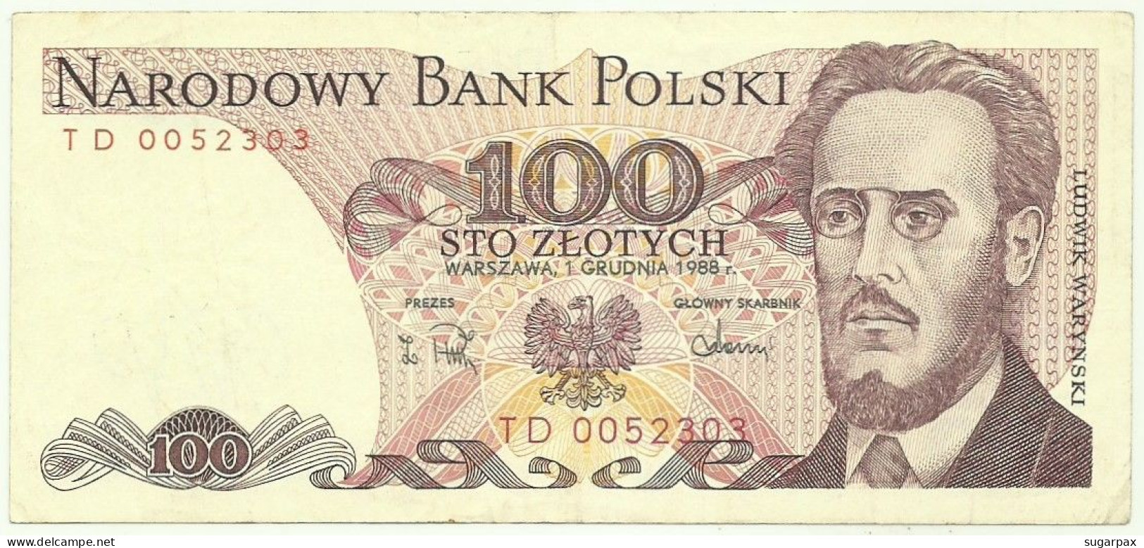 POLAND - 100 Zlotych - 1988 - Pick 143.e - Série TD - Narodowy Bank Polski - Polonia
