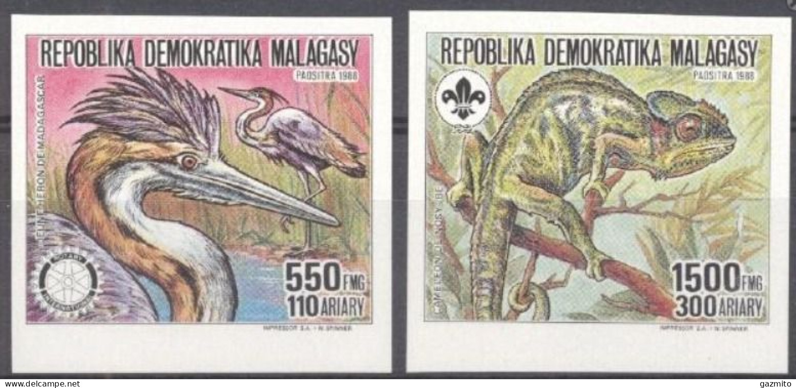 Madagascar 1988, Animals, Camaleonte, Enron, Rotary, Scout, 2val IMPERFORATED - Picotenazas & Aves Zancudas
