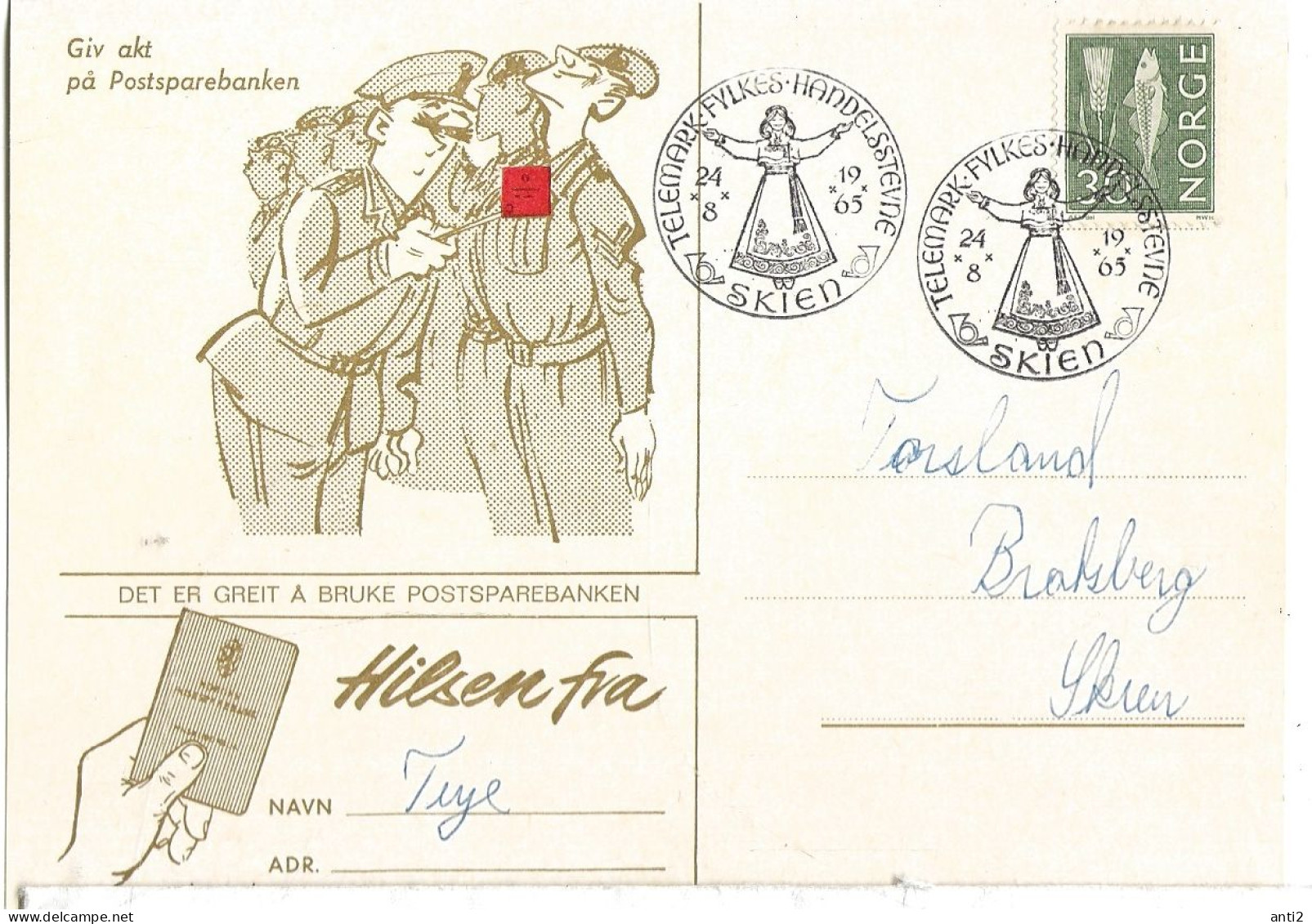 Norway 1965 Card From Postsparebanken, Special  Cancellation With "Telemarks Fylkes Handelstevne" Skien 24.8.65 - Briefe U. Dokumente