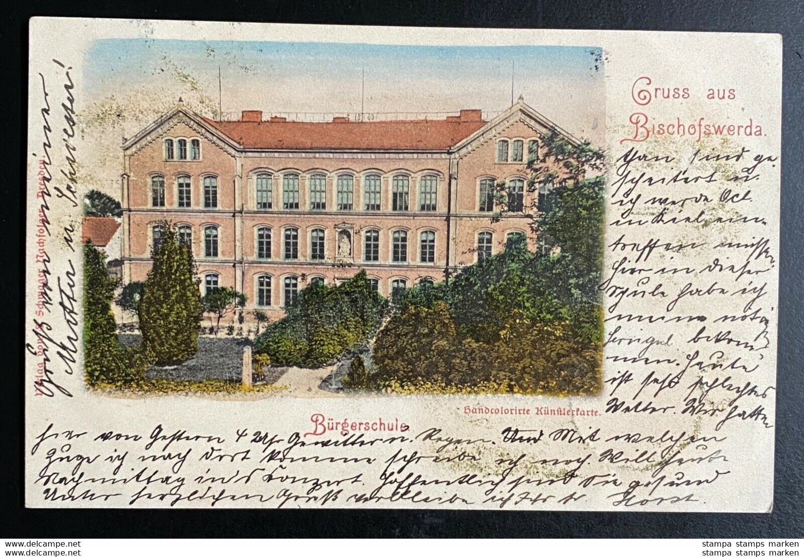 AK Litho Gruss Aus Bischofswerda Bürgerschule Handkolorierte Künstlerkarte Gestempelt/o  Bischofswerda 1900 - Bischofswerda