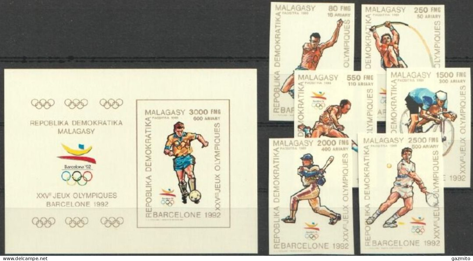 Madagascar 1990, Olympic Games In Barcellona, Cycling, Baseball, Tennis, Athletic, Football, 6val +BF IMPERFORATED - Baseball