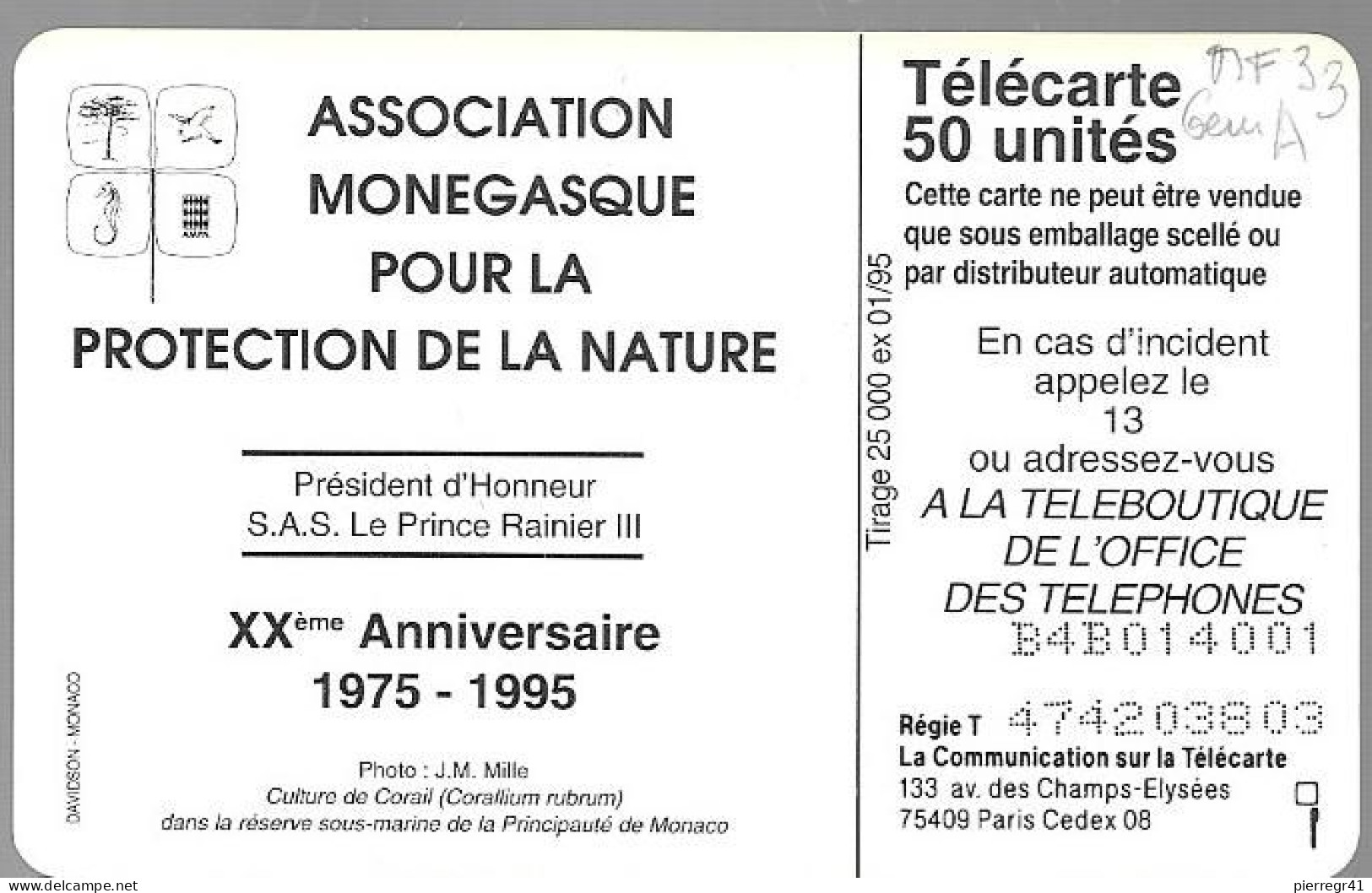 CARTE-PUBLIC-MONACO-50U-MF33-GEMA-01/95-Sans Logo-R° Glacé-PROTECTION DE LA NATURE-V° DN°Série B4B014001-TBE- - Monaco