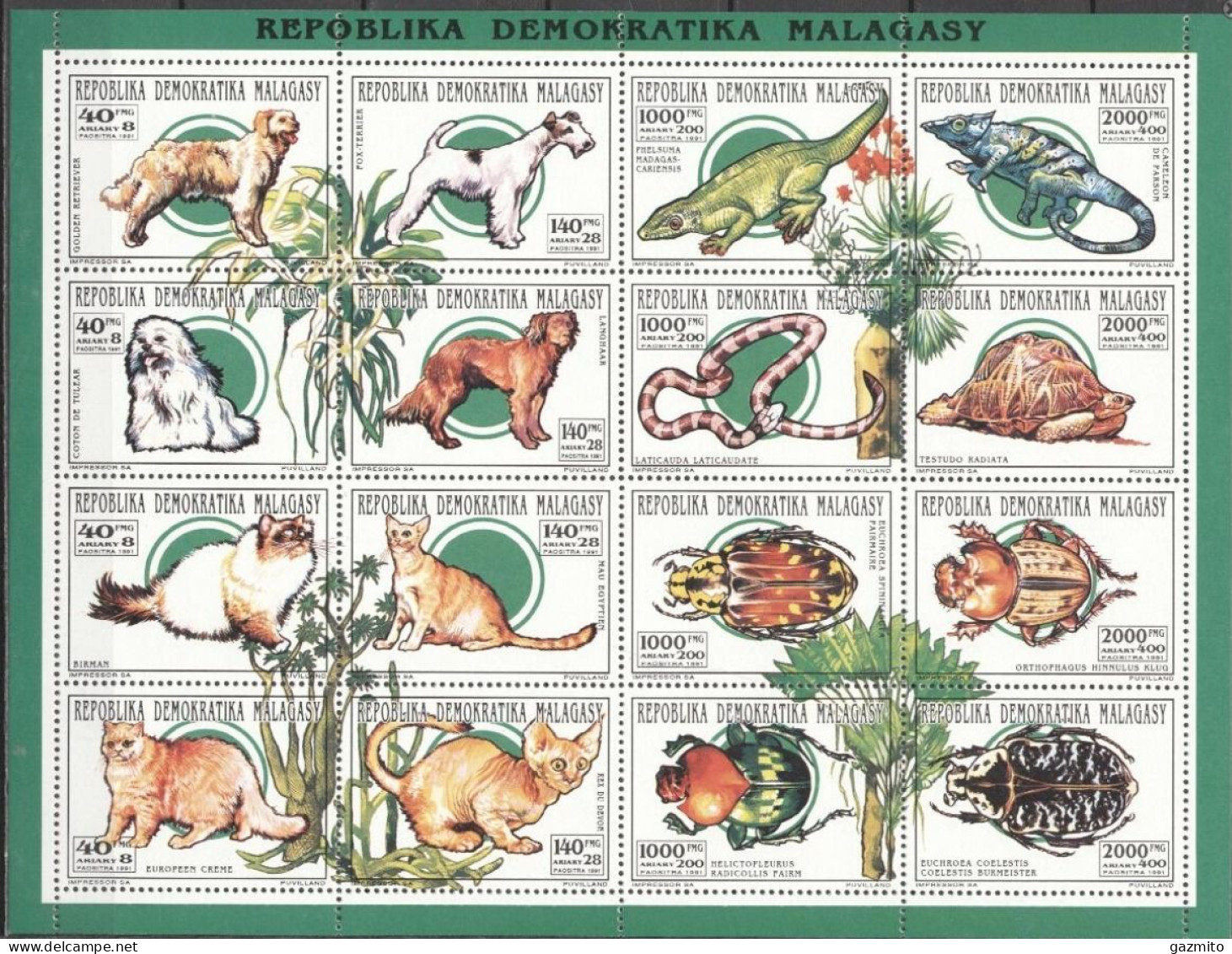 Madagascar 1993, Dogs, Cats, Insects, Lizard, Camalemont, Turtle, Snake, Block - Serpenti