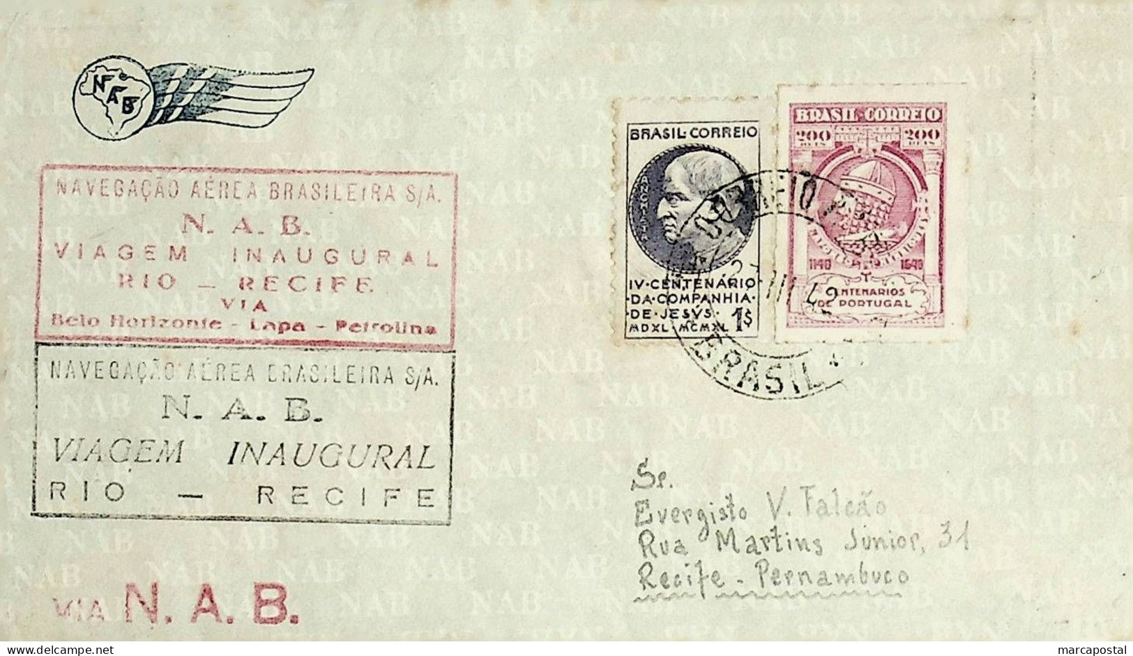 1942 Brasil / Brazil NAB 1.º Voo / First Flight Rio De Janeiro - Recife - Posta Aerea