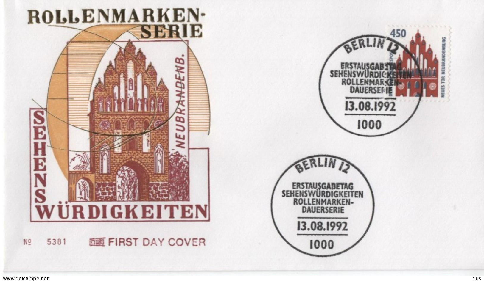 Germany Deutschland 1992 FDC Sehenswürdigkeiten, Neues Tor Neubrandenburg, Canceled In Berlin - 1991-2000