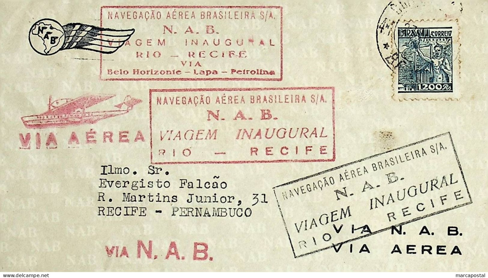 1942 Brasil / Brazil NAB 1.º Voo / First Flight Rio De Janeiro - Recife - Posta Aerea